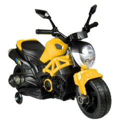 אופנוע ספורט לילדים 6V,  שני גלגלי גומי לאחיזה מושלמת, גלגלי עזר ליציבות מירבית, ידיות אחיזה מגומי.