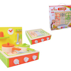 מטבח נייד מעץ לילדים, כולל אביזרי מטבח, כיריים ושעון