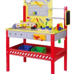 שולחן כלי עבודה מעץ לילדים, כולל סט כלי עבודה וחלקים להרכבה, מדף אחסון ושעון