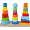 צעצוע עץ, מגדל פעילות הכולל 3 עמודי השחלה לטבעות, צורות ומשושים צבעוניים בגדלים שונים