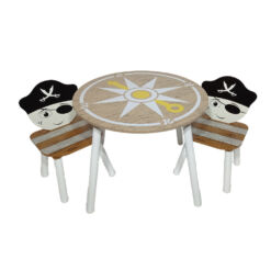 סט שולחן ו 2 כיסאות מעץ דגם פירטים בצבעי עץ, שחור ולבן