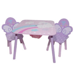 סט שולחן ו 2 כיסאות מעץ דגם נסיכות בצבעי פסטל סגולים וורודים