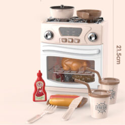 מערכת בישול אלקטרונית בגוון כתום בהיר הכולל תנור עם כלים וכיריים, מחבת סיר ומכסה