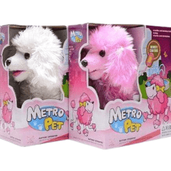 בובת כלב פודל צעצוע בצבעים לבן ורוד עם שלט הולך ונובח