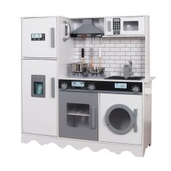 מטבח עץ צעצוע מדהים בצבע לבן לילדים, דגם עידו כולל אביזרי מטבח , תאורה בארונות וצלילים בכיריים, בקולט אדים, ובמיקרוגל כולל תנור ומכונה כביסה