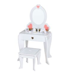 שידת איפור מעץ מדהימה לילדים דגם רון לבנה כולל שרפרף ומראה, מגירת אחסון ואביזרי איפור מעץ לילדים