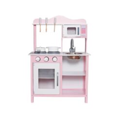 מטבח מעץ לילדים, דגם איתמר ורוד כולל כיריים, תנור, מיקרוגל, כיור,וכלי מטבח