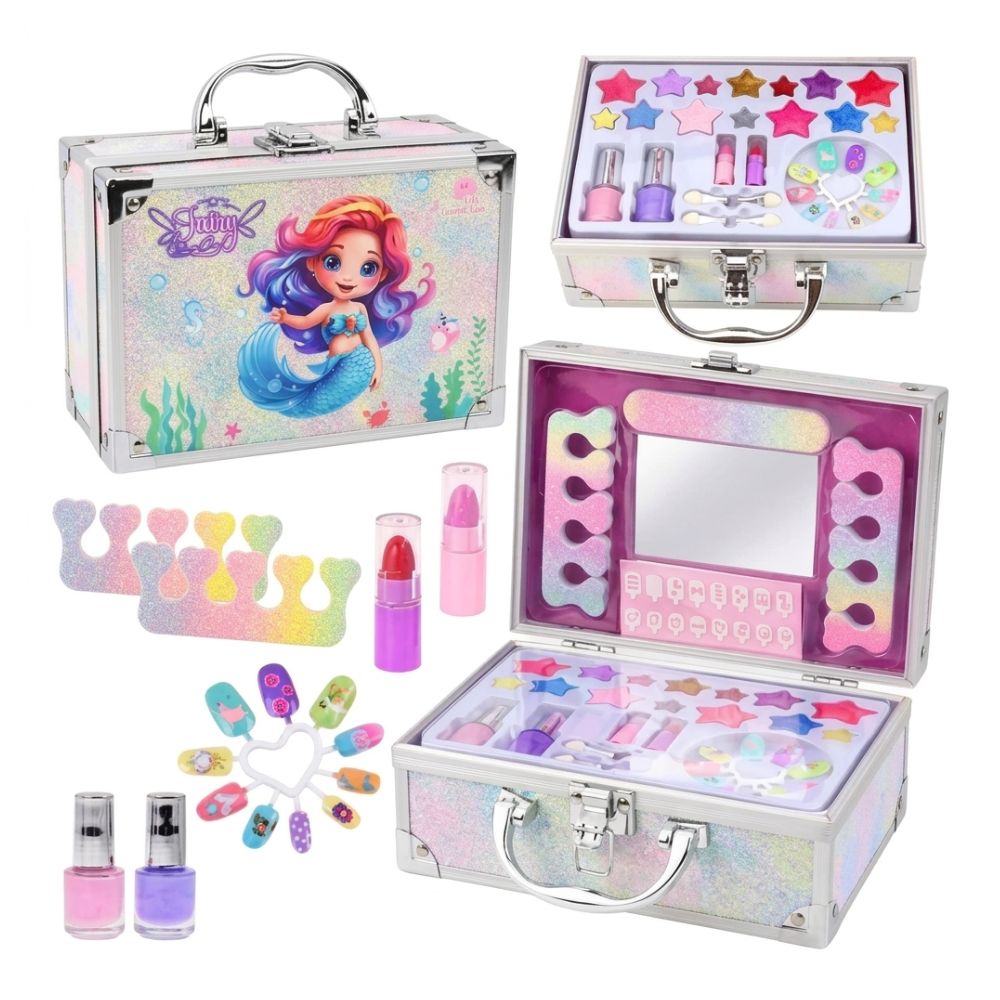מארז ביוטי בת הים מנצנץ – ערכת איפור וציפורניים לילדים במזוודת גליטר יוקרתית