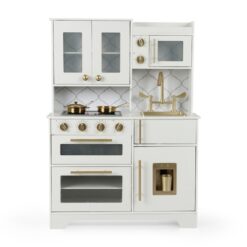 מטבח עץ יוקרתי לילדים דגם מיקונוס – לבן וזהב מרהיב