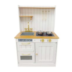 מטבח דגם דבורה – מטבח עץ יוקרתי לילדים בגווני לבן וזהב עם כיריים אלקטרוניים