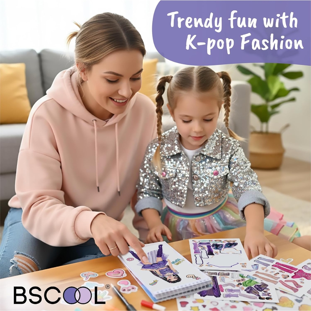 ספר מדבקות עיצוב אופנה לבנות BSCOOL – דגם קיי-פופ K-Pop Idol (100+ מדבקות נשלפות) – תמונה 3
