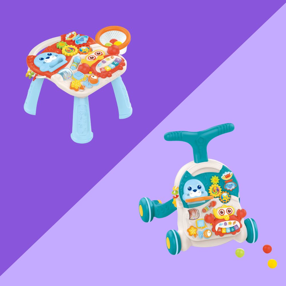 הליכון פעילות כחול שהופך לשולחן משחק עצמאי – שניים באחד לקטנטנים – תמונה 3