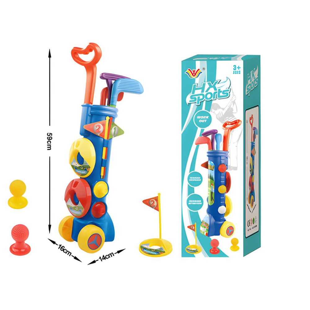 ערכת מיני גולף לילדים – עגלת נגרר ניידת, 3 מחבטים, חורים וכדורים – תמונה 3